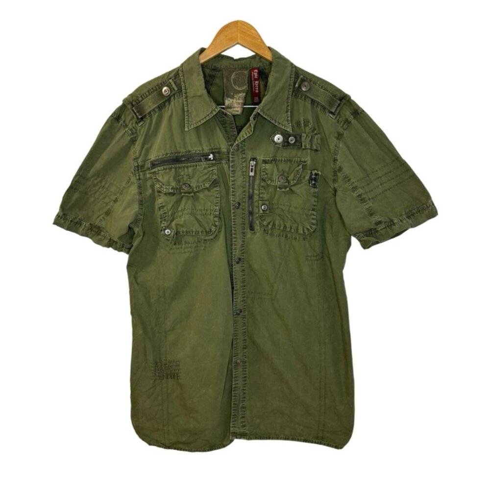 Epic Hero Army Green Military Short Shirt Snap button Zipper Details Y2K